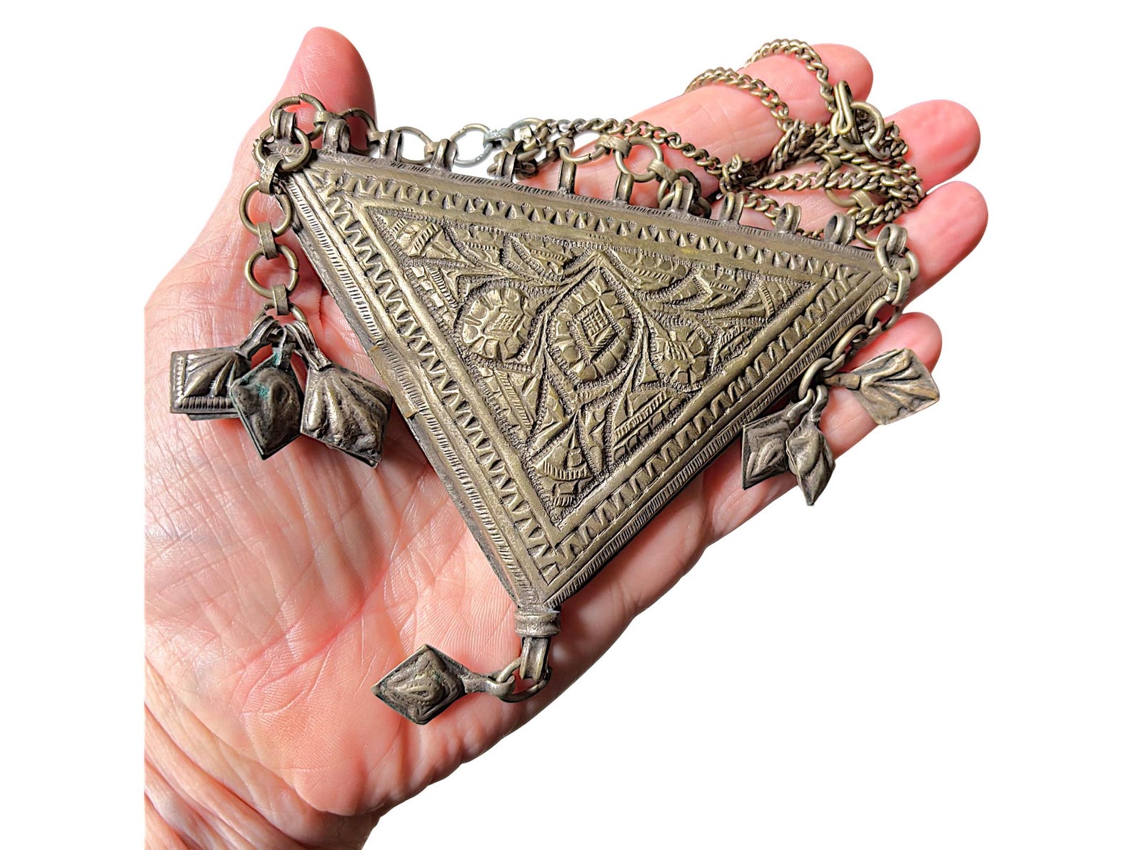 Berber Antique Hand Engraved Silver Alloy Amulet Necklace