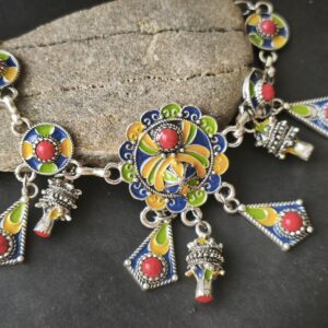 Handmade Amazigh Berber Kabyle Coral Enamel Charm Adjustable Stainless Steel Bracelet