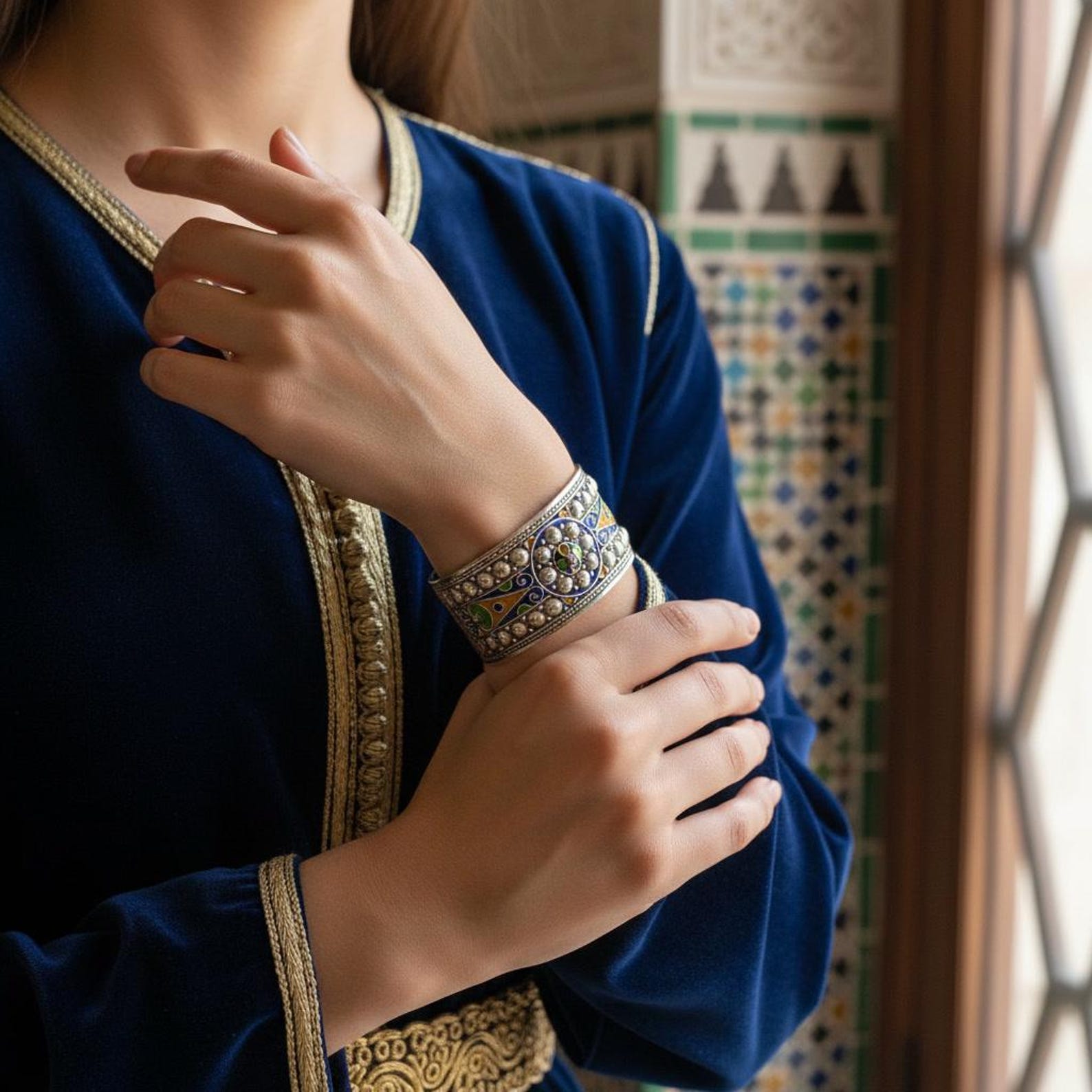 Berber Silver Cuff Handmade Jewelry Enamel Details Bracelet