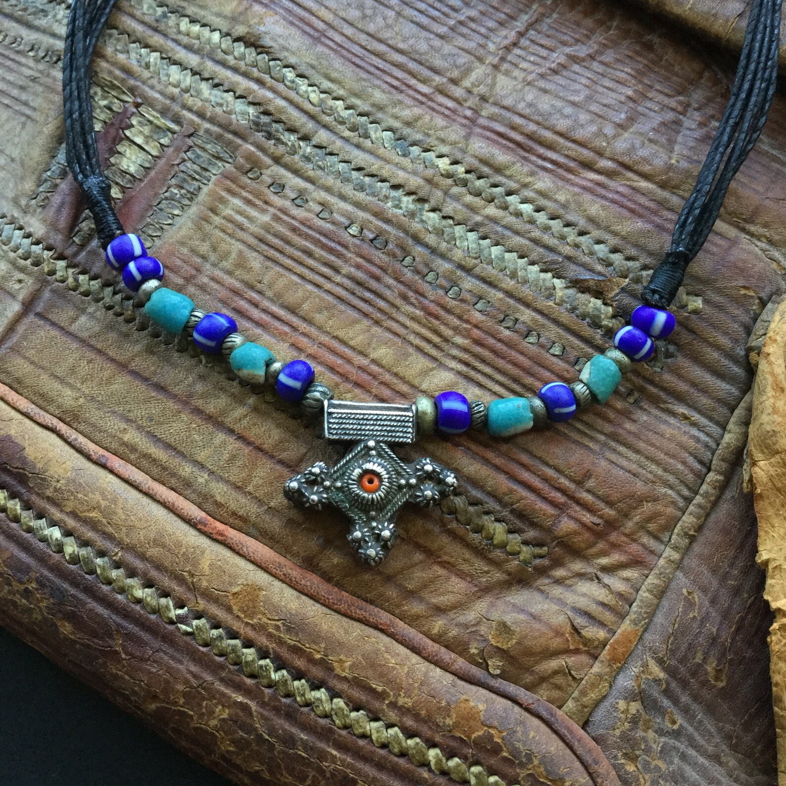 Berber Mauritanian Cross Silver Bead Amulet Necklace Jewelry