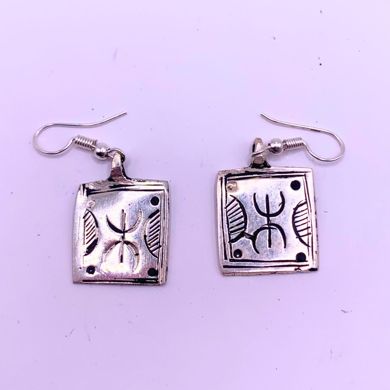 Vintage Tuareg Amazigh Berber Yaz Silver-Tone Geometric Drop Earrings