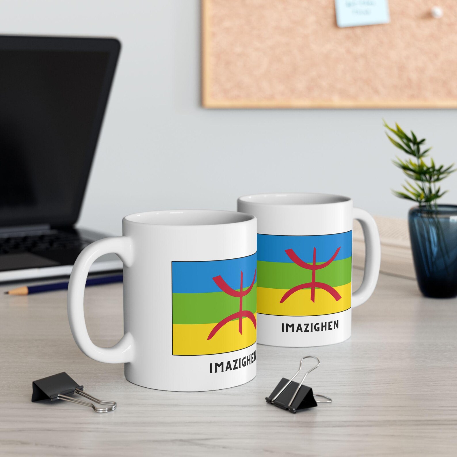 Berber Flag Tamazight White Ceramic Mug with Yaz Symbol