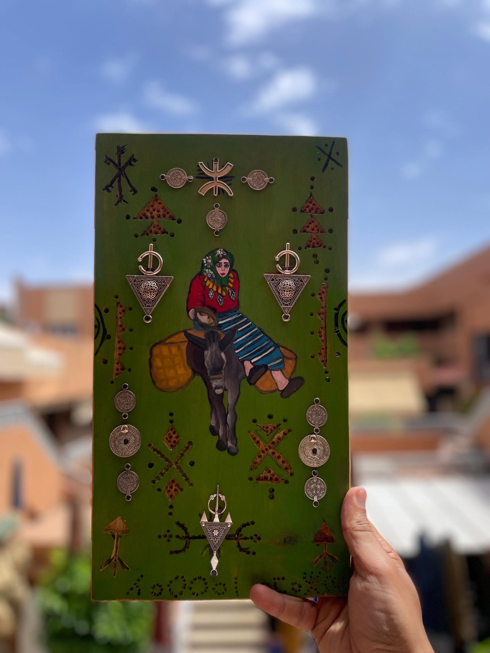 Berber Hand-Painted Wooden Donkey Market Scene Wall Art