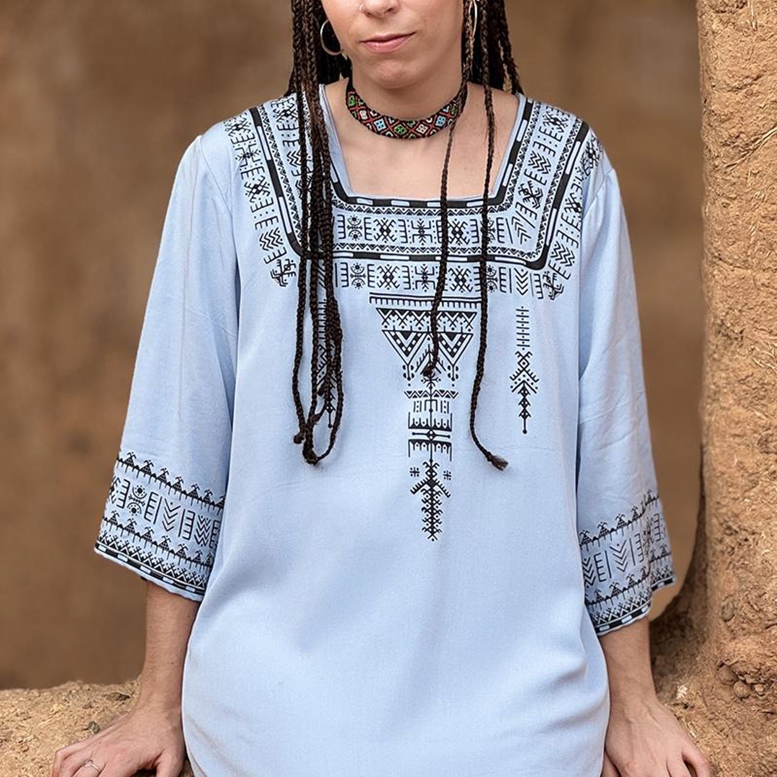 Berber Maxi Dress Handmade Screen Printed Symbol Kaftan