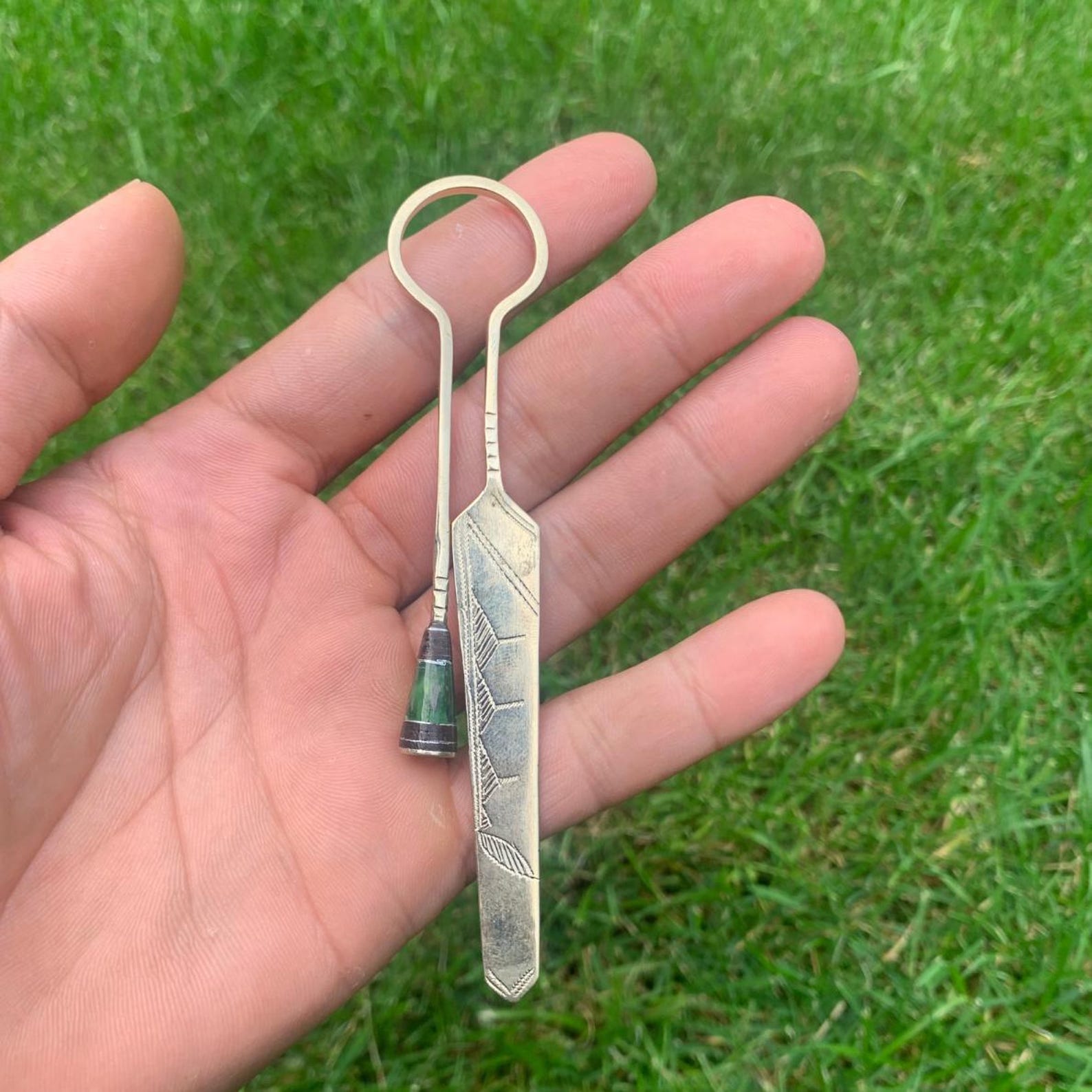 Berber Tuareg Hand-Engraved Metal Bookmark with Round Green Glass