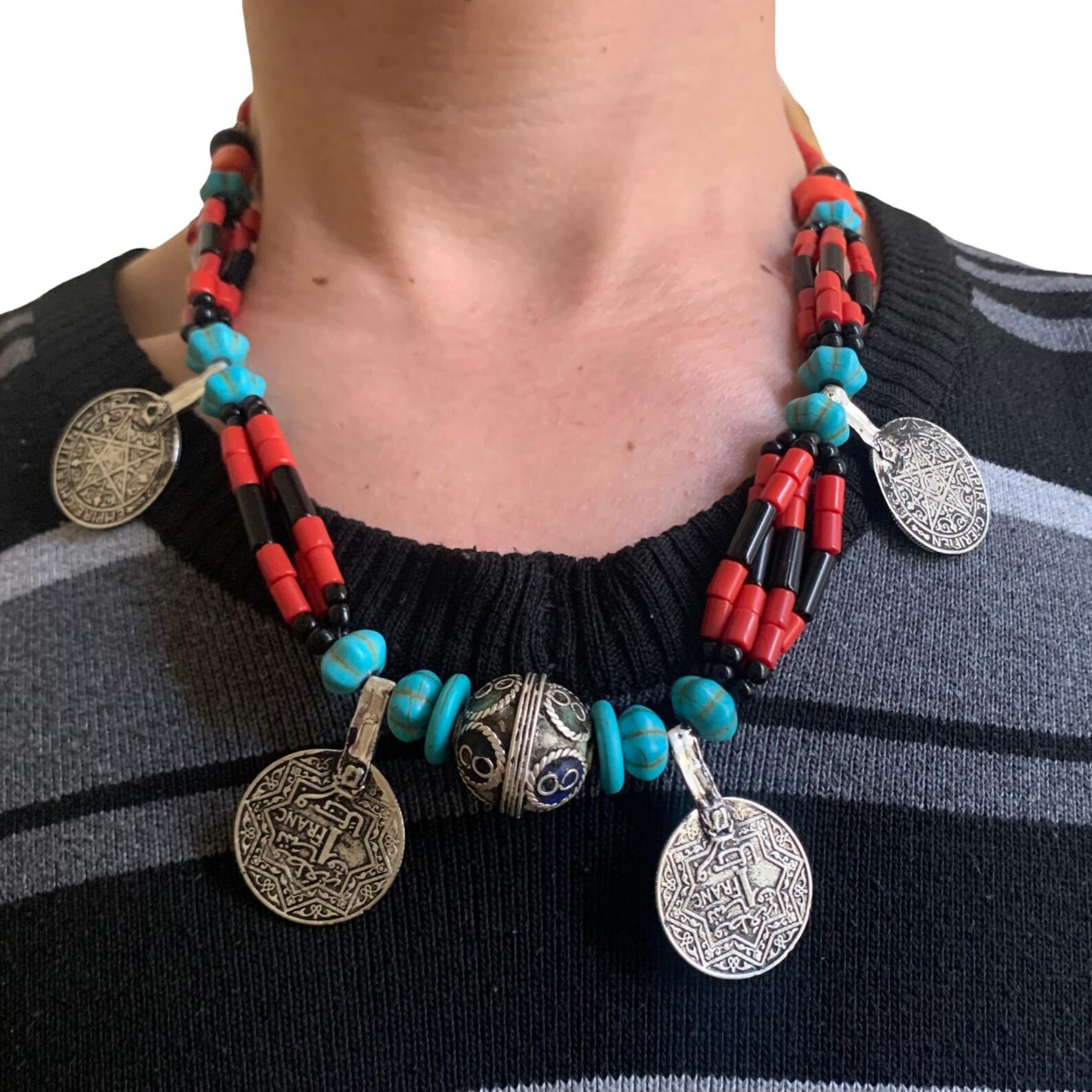 Berber Coral Turquoise Antique Coin Handmade Statement Necklace