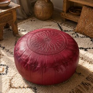 Amazigh Dark Red Leather Round Boho Floor Pouf