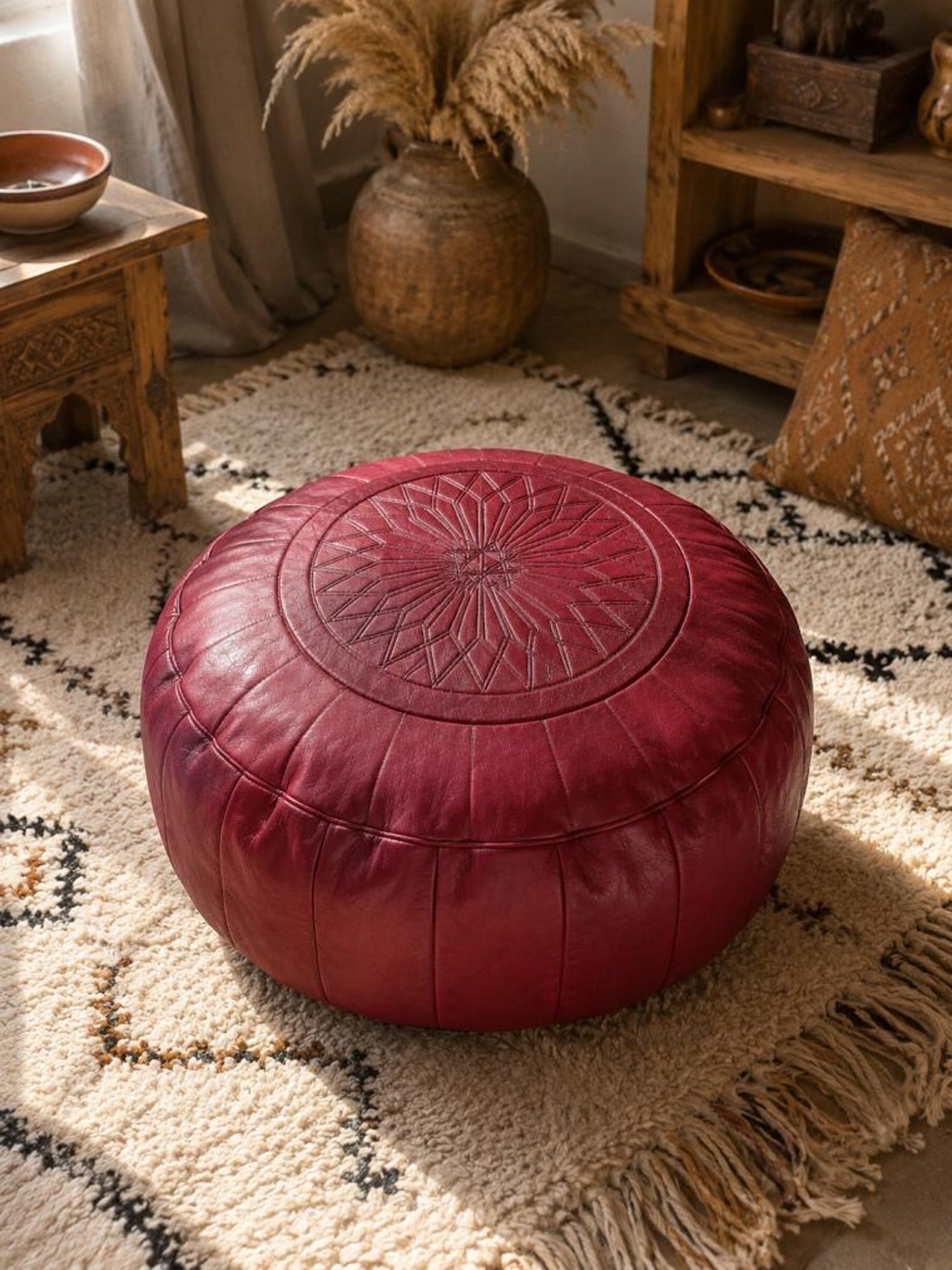 Amazigh Dark Red Leather Round Boho Floor Pouf