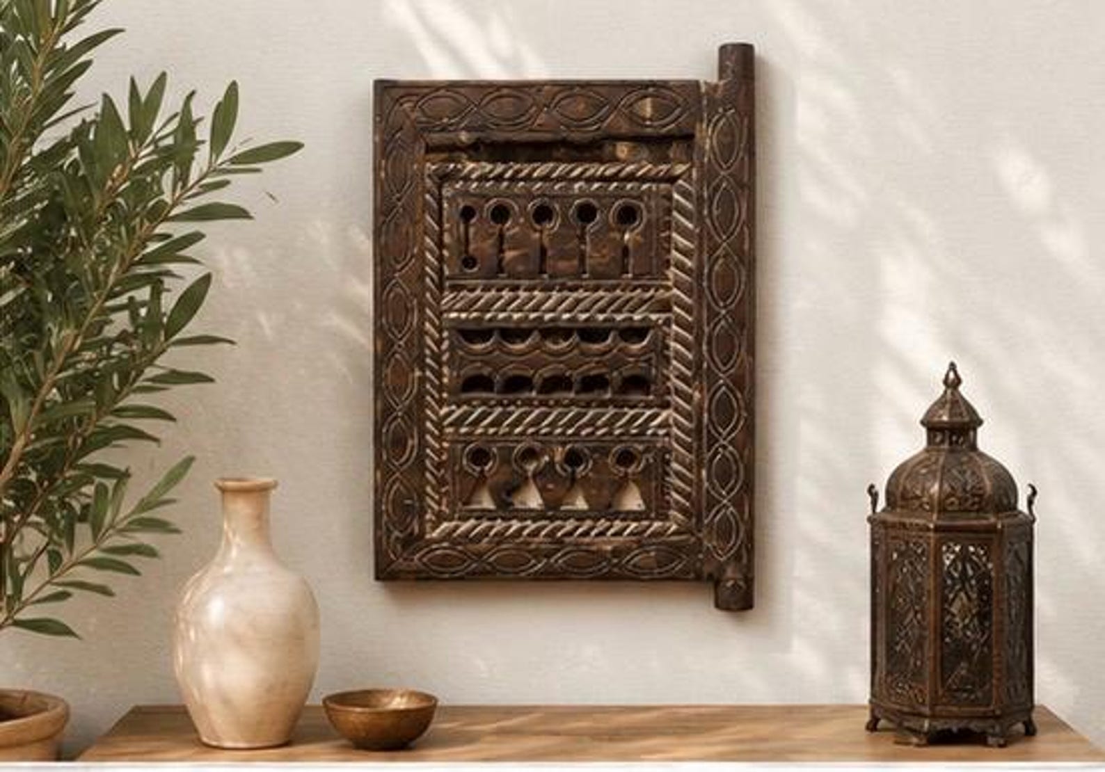 Berber Antique Hand Carved Wooden Panel Wall Art Decor