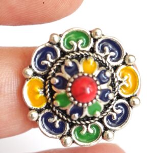 Amazigh Silver Tone Enameled Adjustable Flower métal Ring