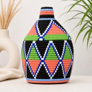 Berber Handmade Woven Palm Basket with Lid and Wool