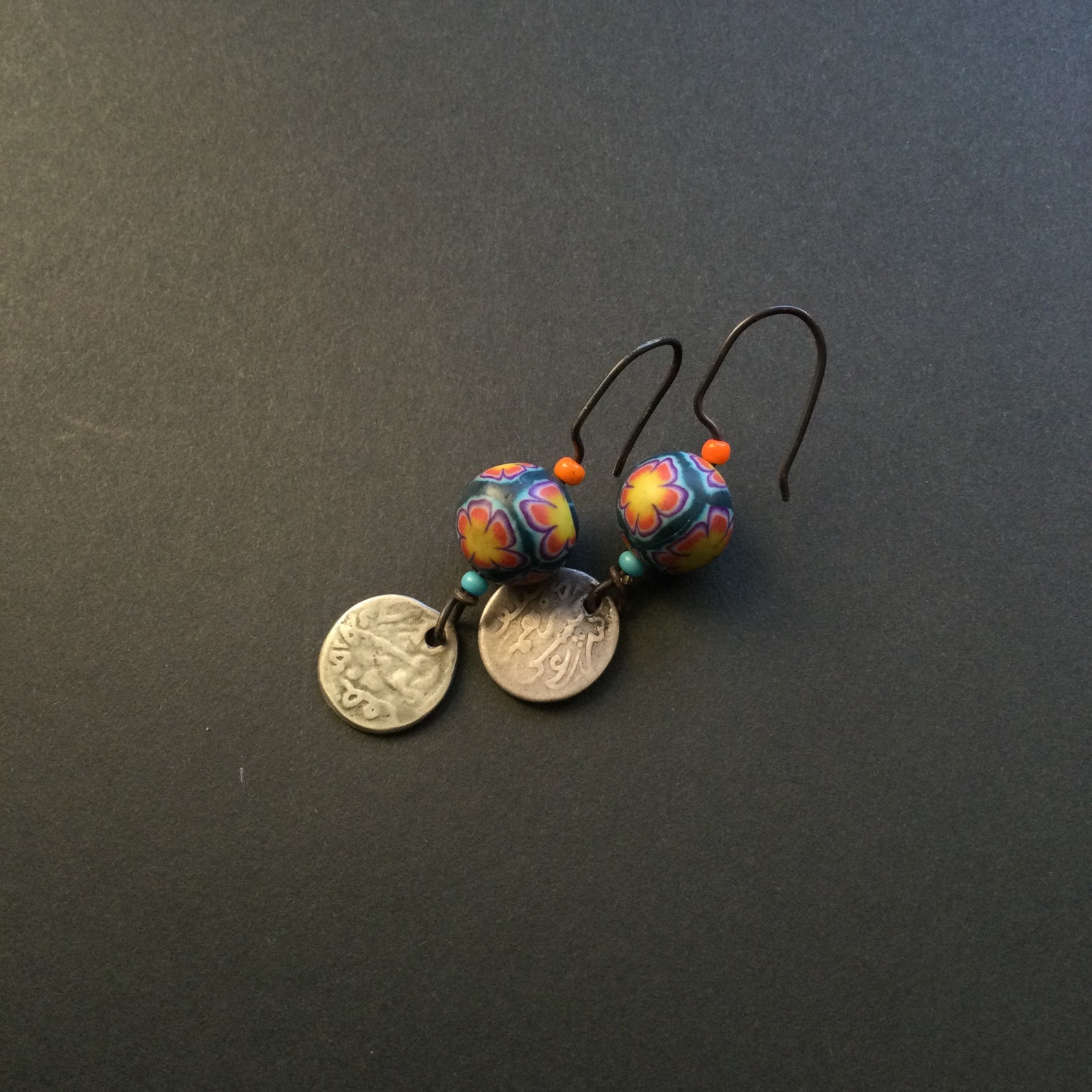 Berber COIN antique coral Venetian beads silver EARRINGS