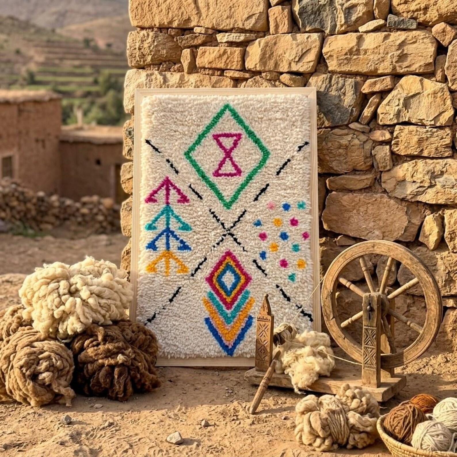 Berber Hand Knotted Symbol Wool Tapestry Wall Art