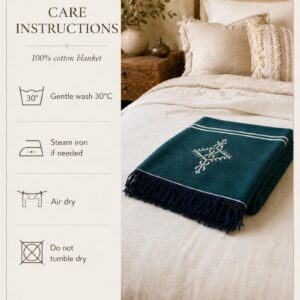 Amazigh Deep Teal Cotton Bedspread Handmade White Blanket