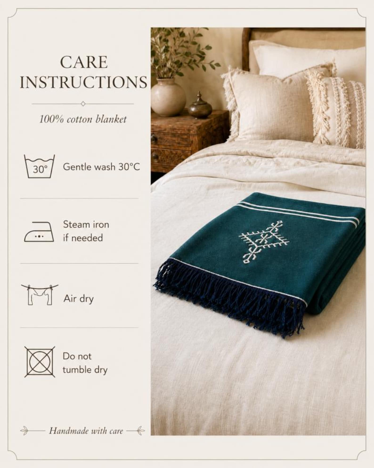 Amazigh Deep Teal Cotton Bedspread Handmade White Blanket