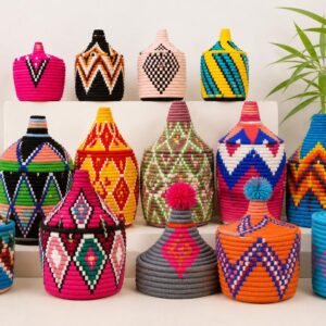 Berber Handmade Woven Palm Basket with Lid and Wool