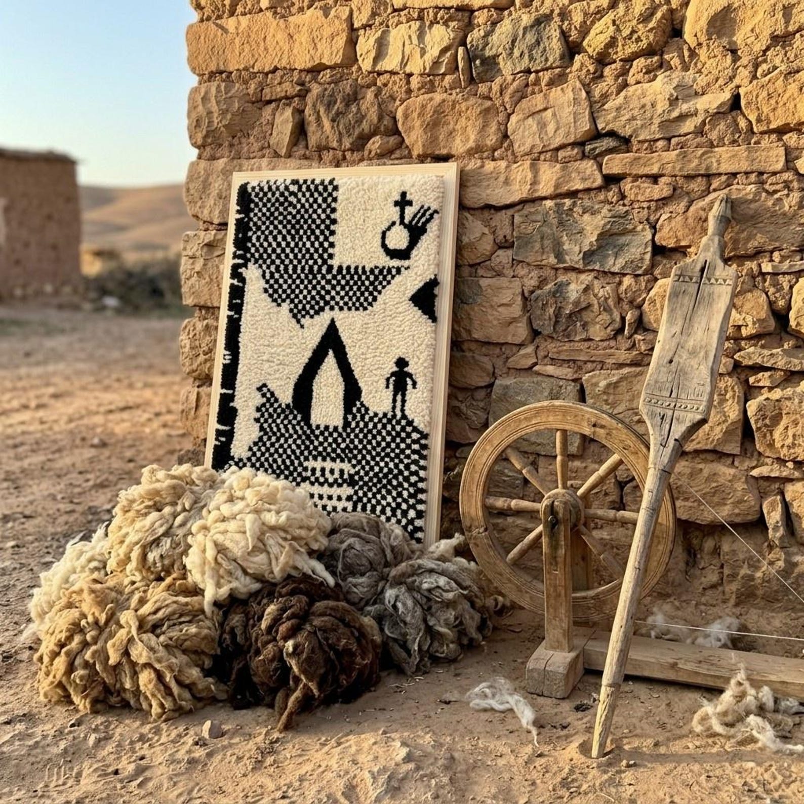 Handwoven Amazigh Berber Wool Rug Wall Tapestry with Tuareg Yaz