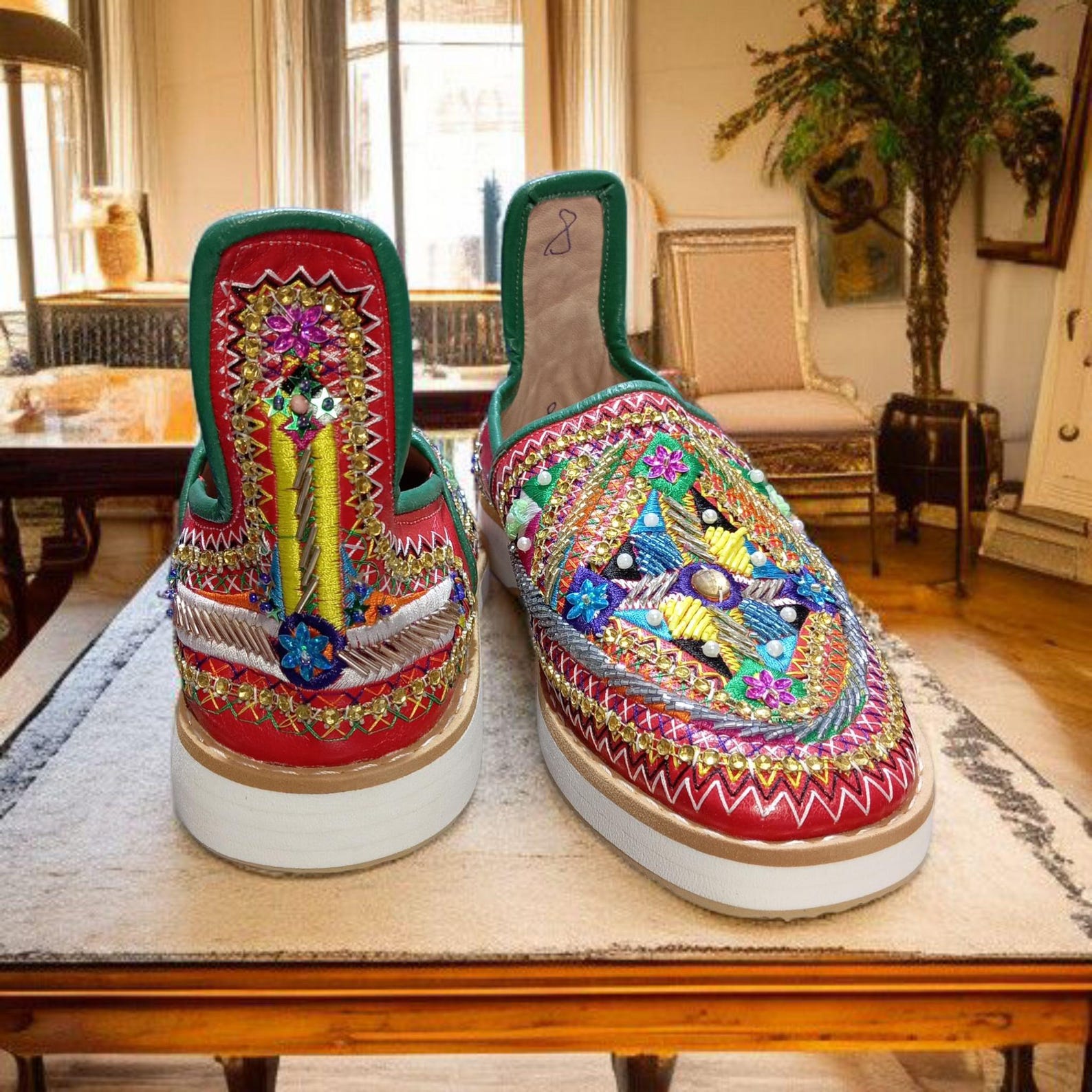 Berber Handcrafted Leather Babouche Shoes with Colorful Embroidery