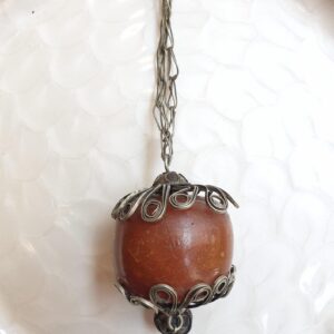 Vintage Amazigh Berber Naturel Copal Silver-Tone Talisman Pendant Necklace