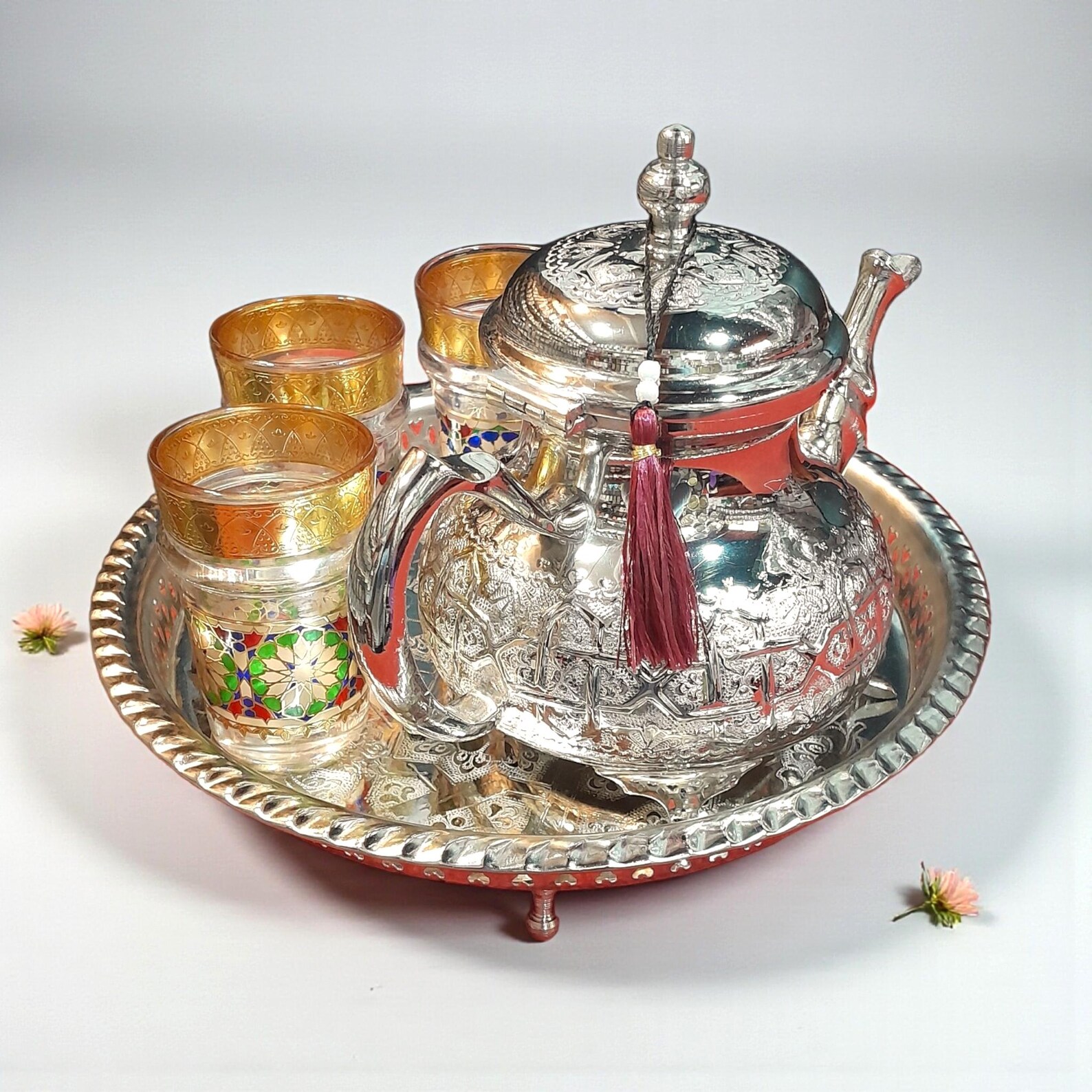 Amazigh Handmade Tea Set Glasses Silver Teapot Tray