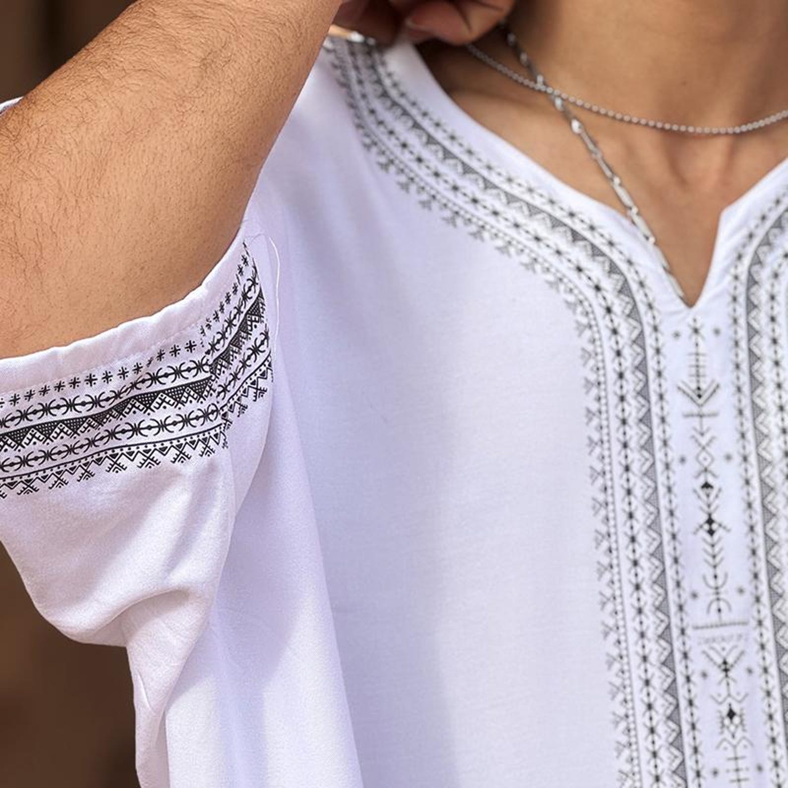 Berber Men Handmade Cotton Screen Printed Gandora Kaftan