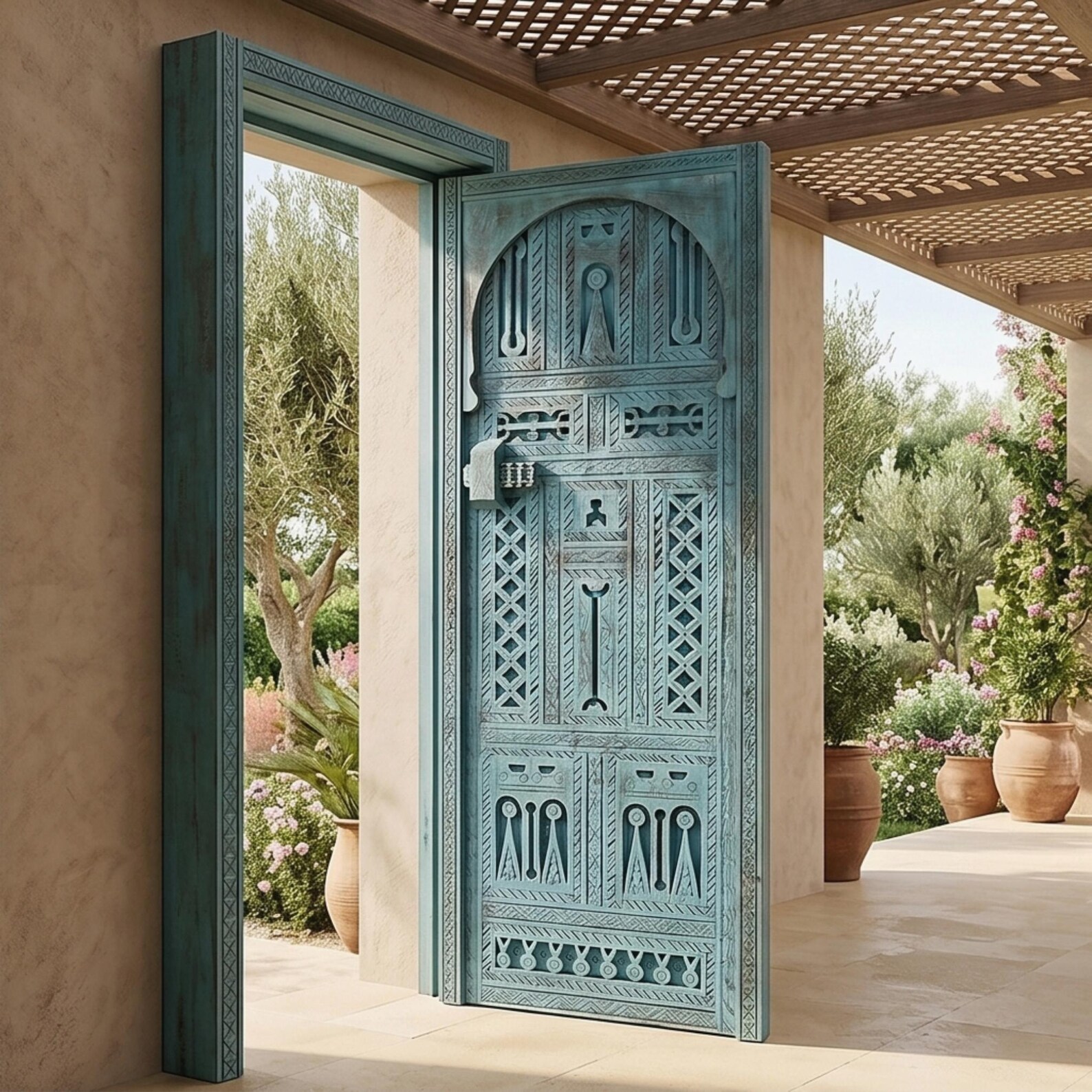 Berber Hand-Carved Turquoise Wooden Door Arched Entryway Rug