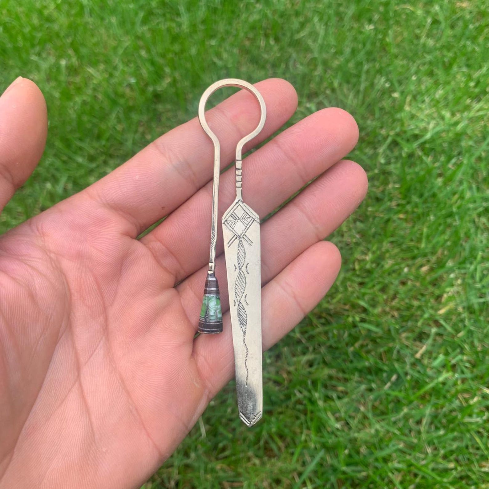 Berber Tuareg Hand-Engraved Metal Bookmark with Round Green Glass