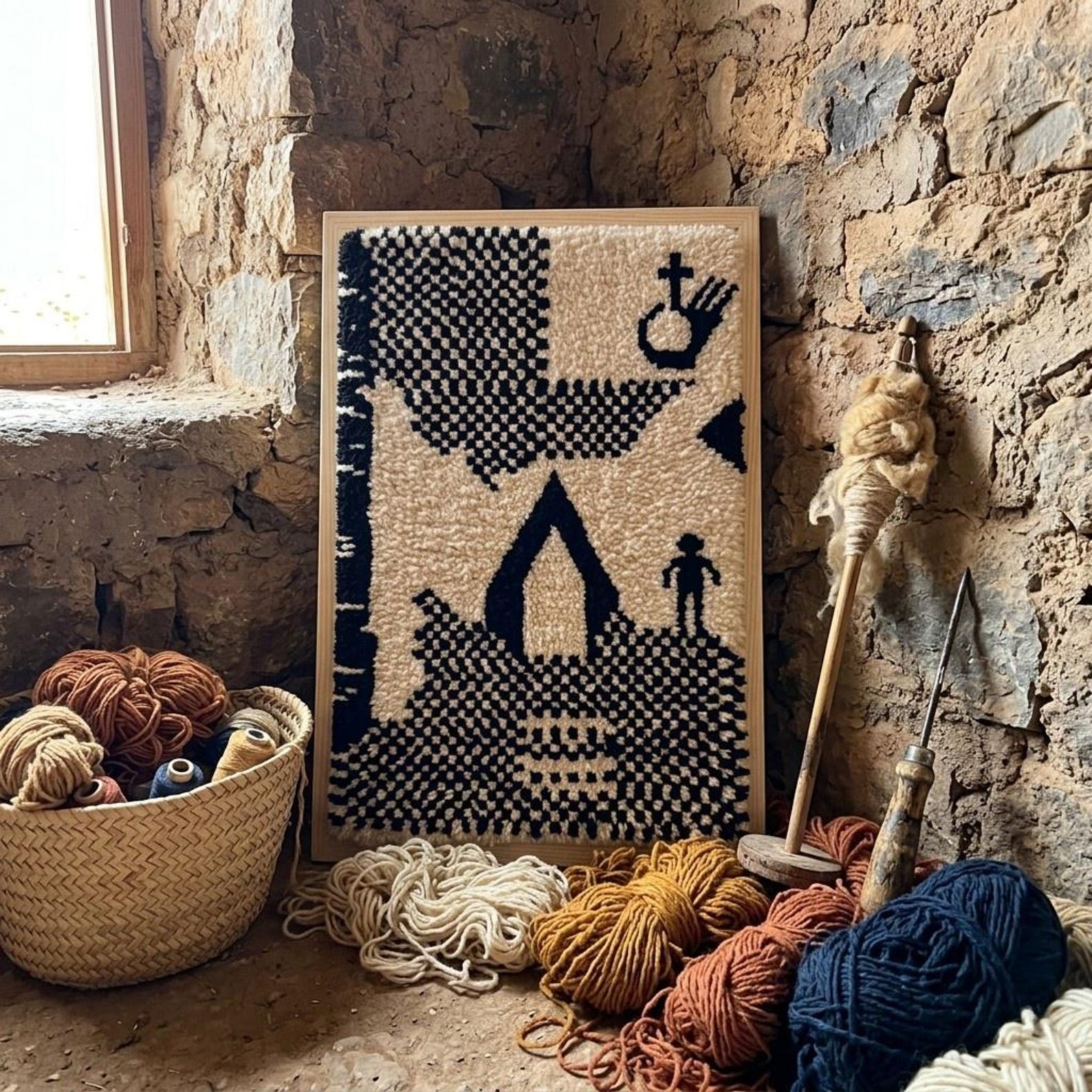 Handwoven Amazigh Berber Wool Rug Wall Tapestry with Tuareg Yaz