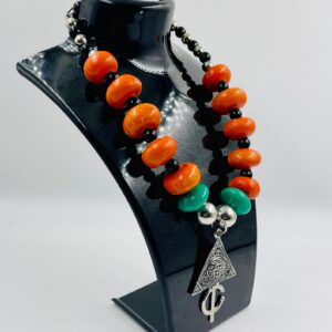 Amazigh Orange Green Resin Beads Silver Triangle Necklace