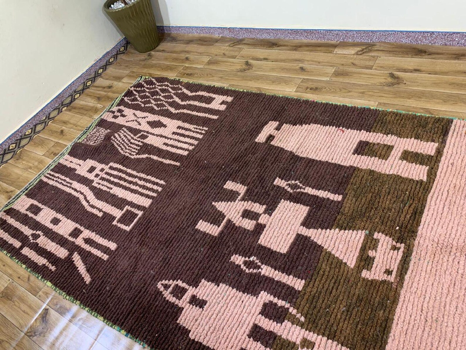 Berber Amazigh Beni Ourain Natural Wool Abstract Motif Rug