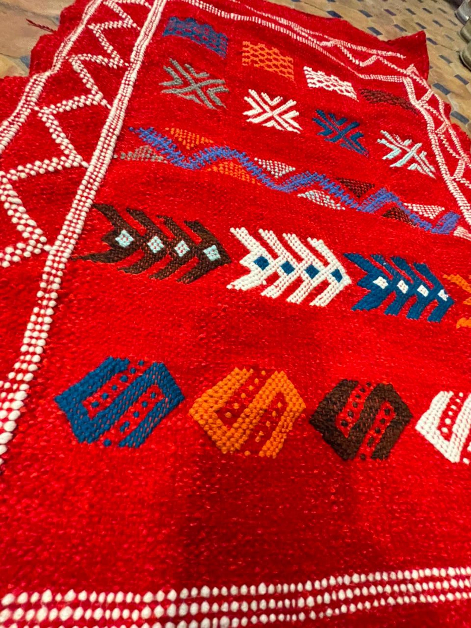 Berber Handmade Cashmere Red Culture Carpet Traditional Rug
