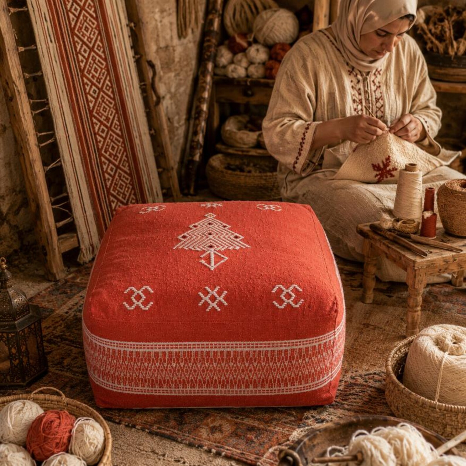 Berber Red Boho Floor Seating Cushion Embroidered Pouf