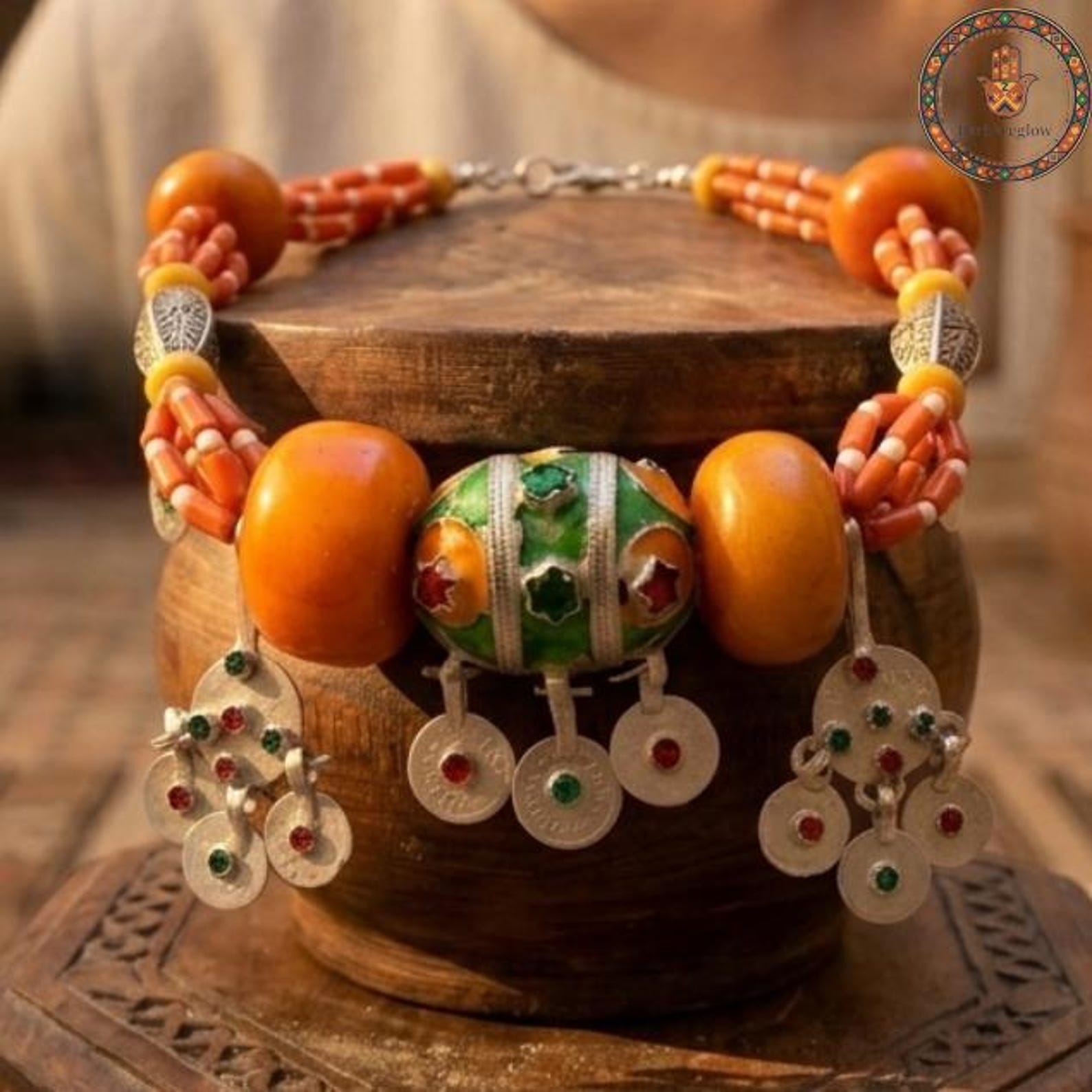 Berber Handmade Tribal Jewelry Orange Beaded Statement Necklace