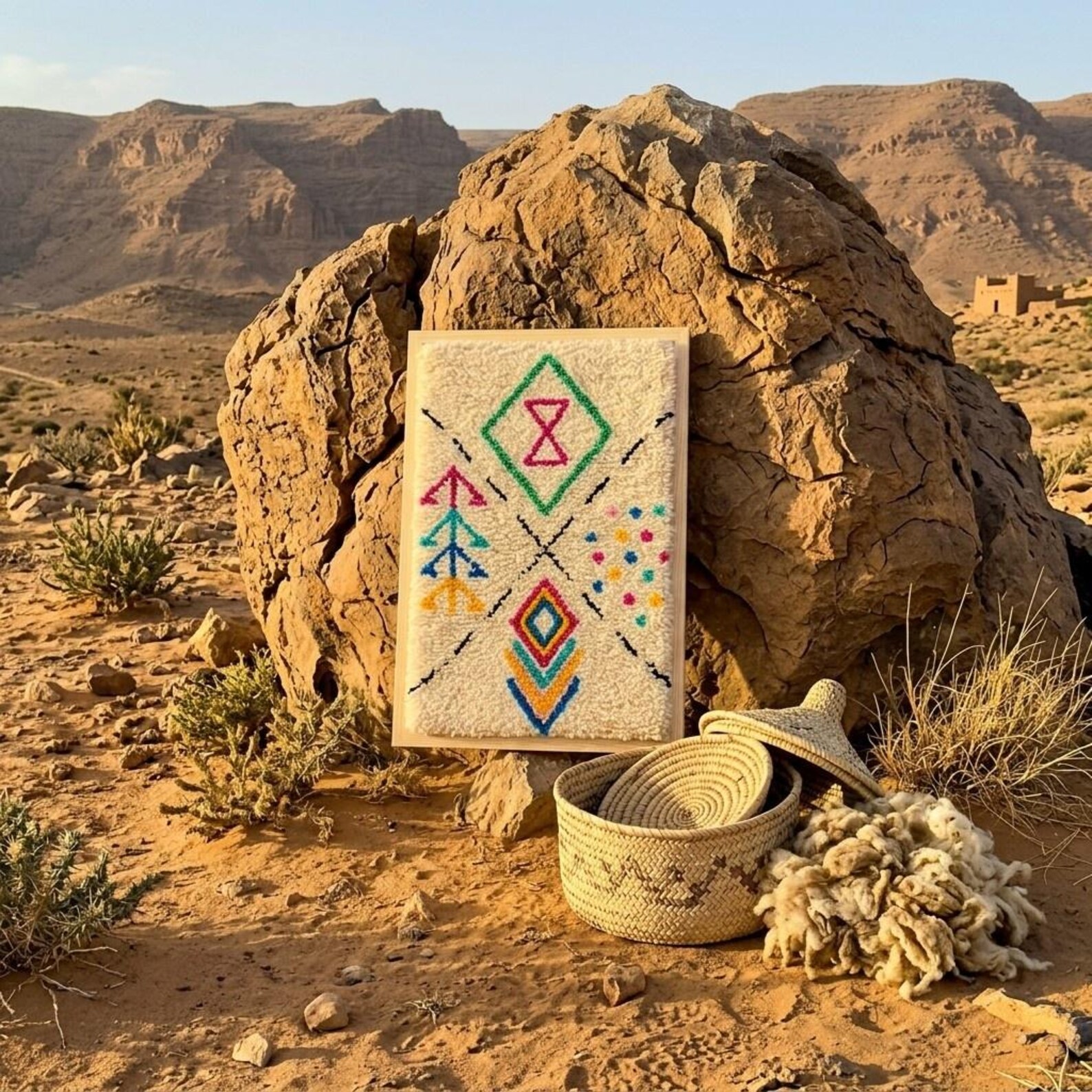 Berber Hand Knotted Symbol Wool Tapestry Wall Art