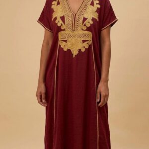 Berber Embroidered Gandoura Dress Burgundy Boho Maxi Kaftan