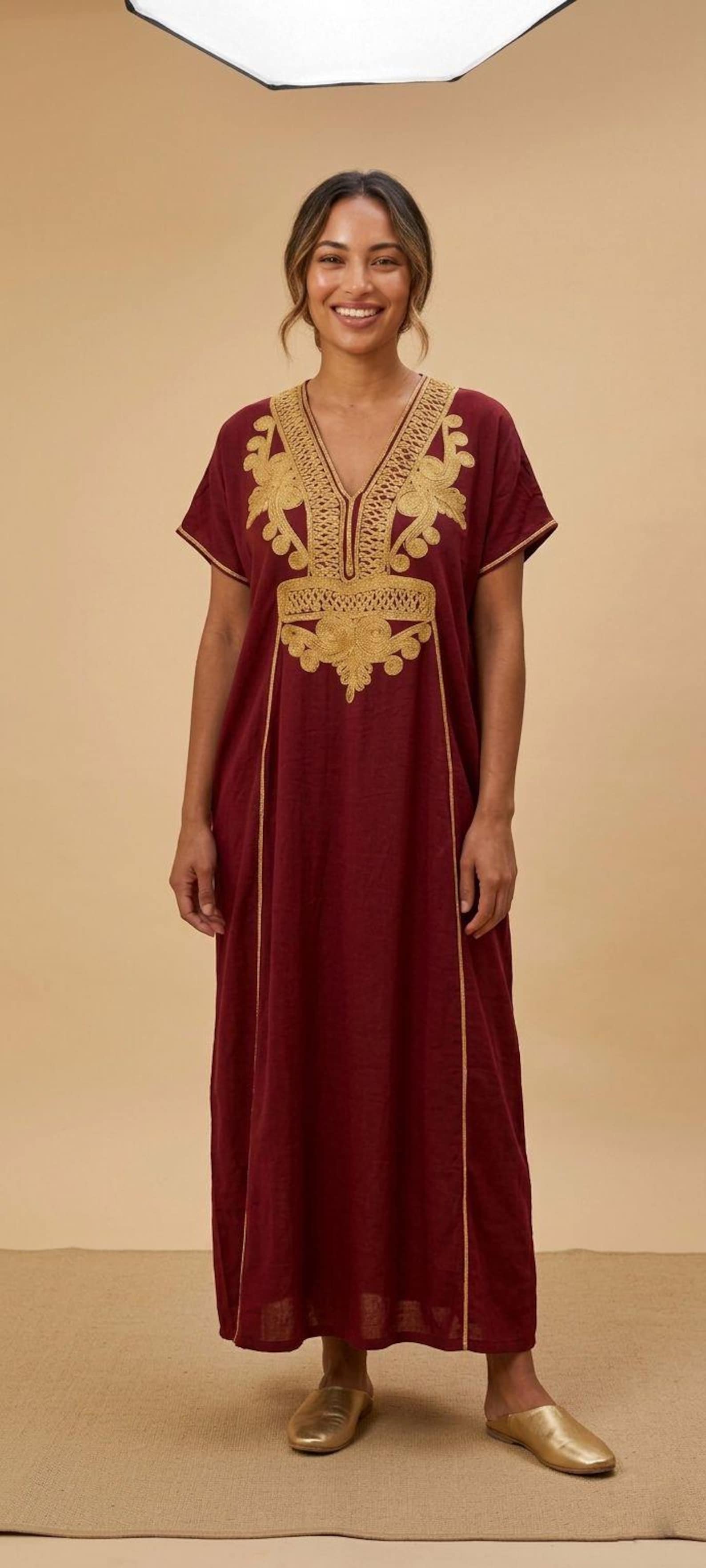 Berber Embroidered Gandoura Dress Burgundy Boho Maxi Kaftan