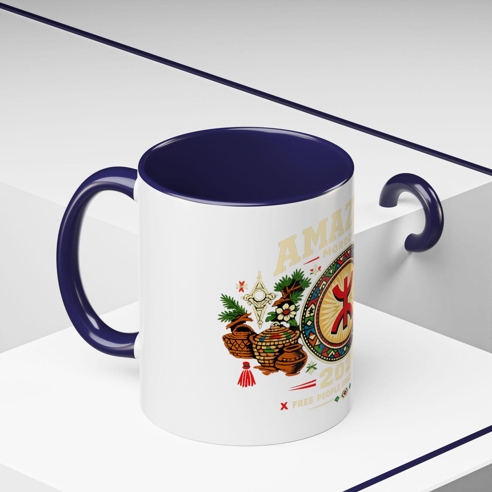 Berber Symbol Coffee Ceramic Accent Handle White Mug