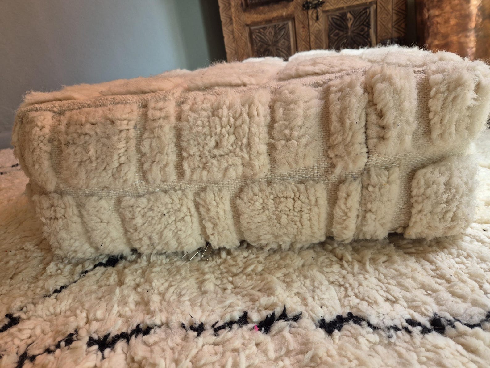 Berber Beni Ourain Square Cover White Wool Pouf