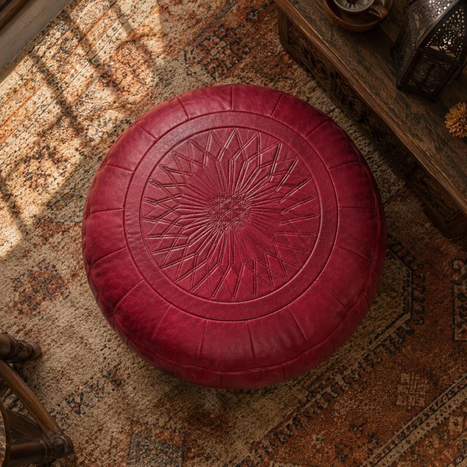 Amazigh Dark Red Leather Round Boho Floor Pouf