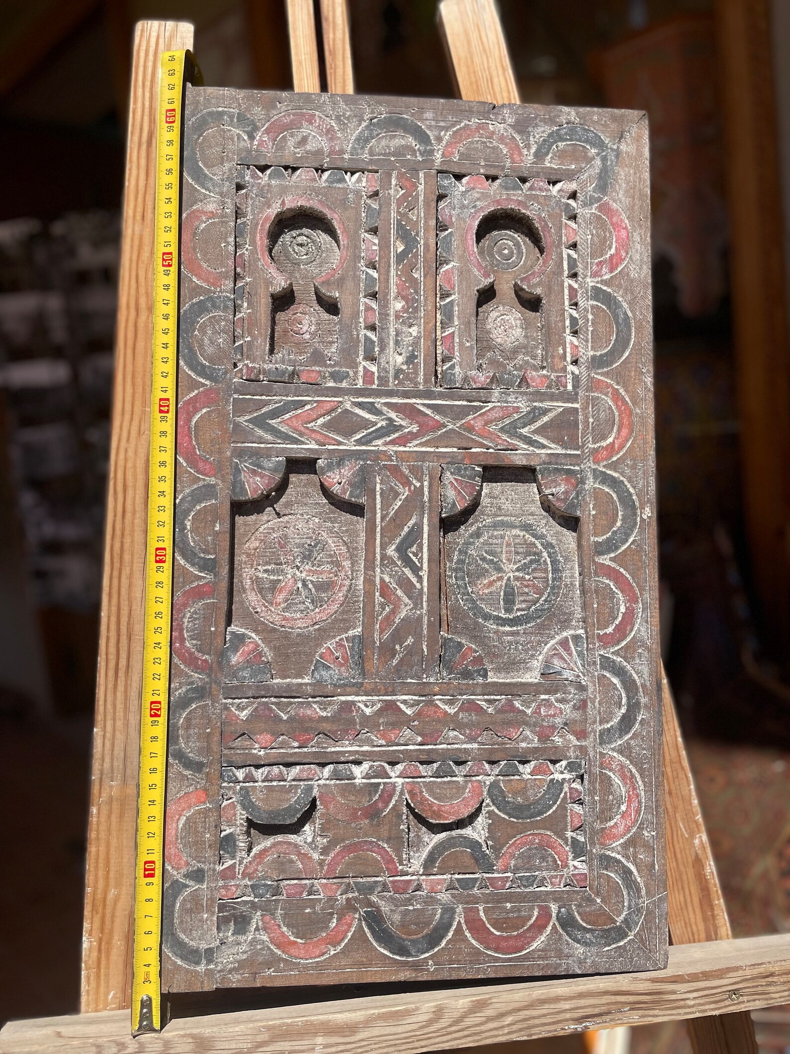 Antique Amazigh Berber Carved Wood Door Panel Wall Art