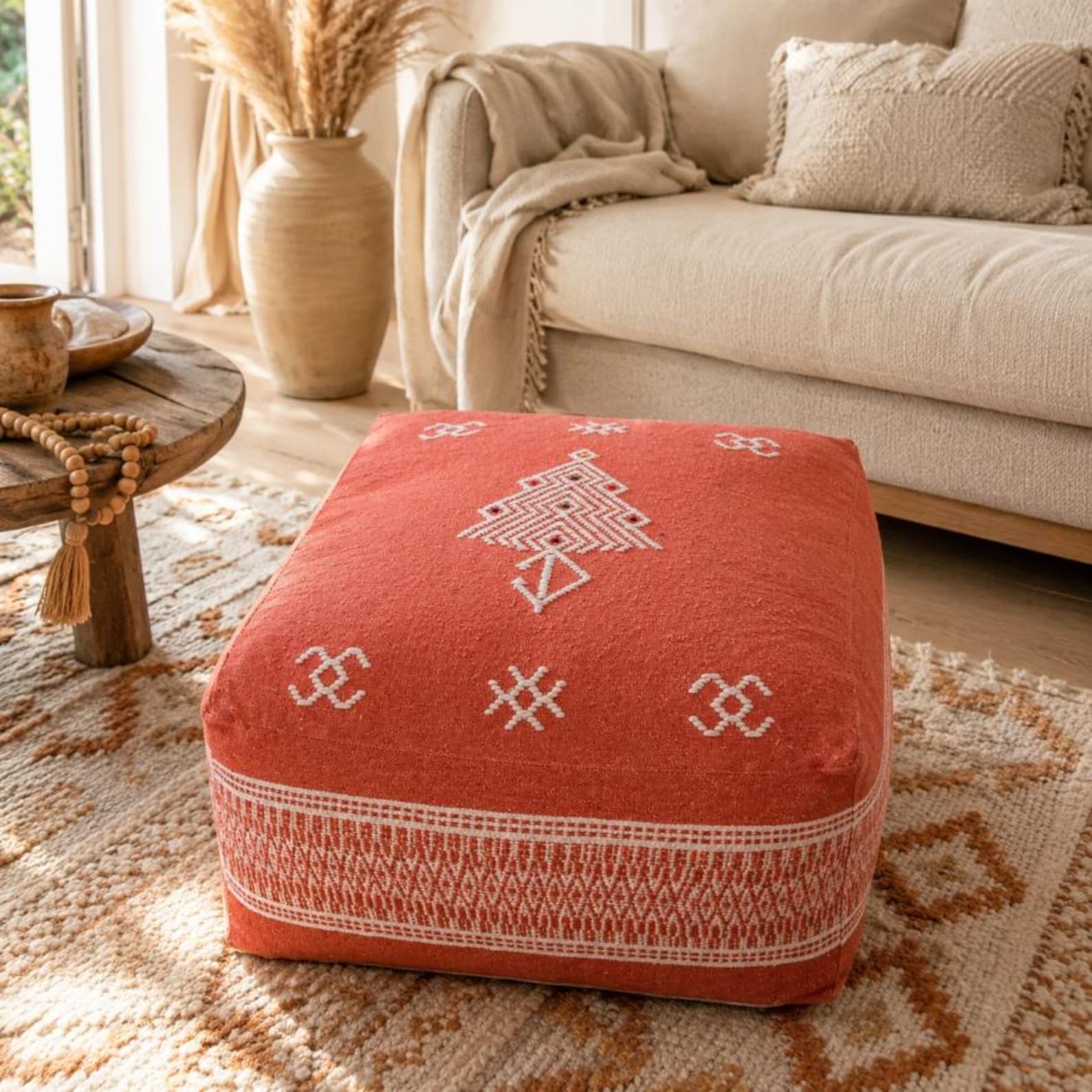 Berber Red Boho Floor Seating Cushion Embroidered Pouf