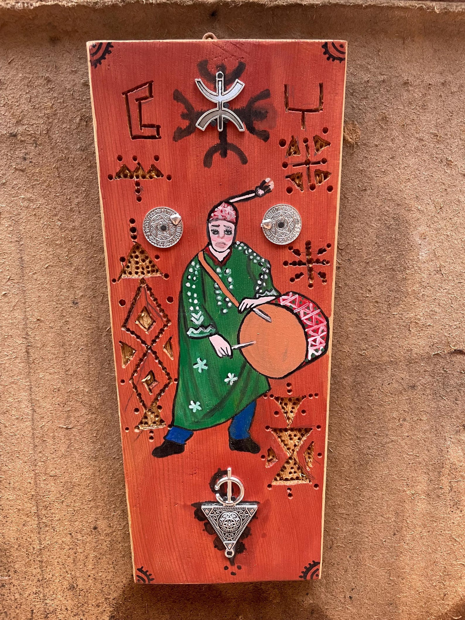 Berber Hand-Painted Wooden Musician Drum Wall Art Decor