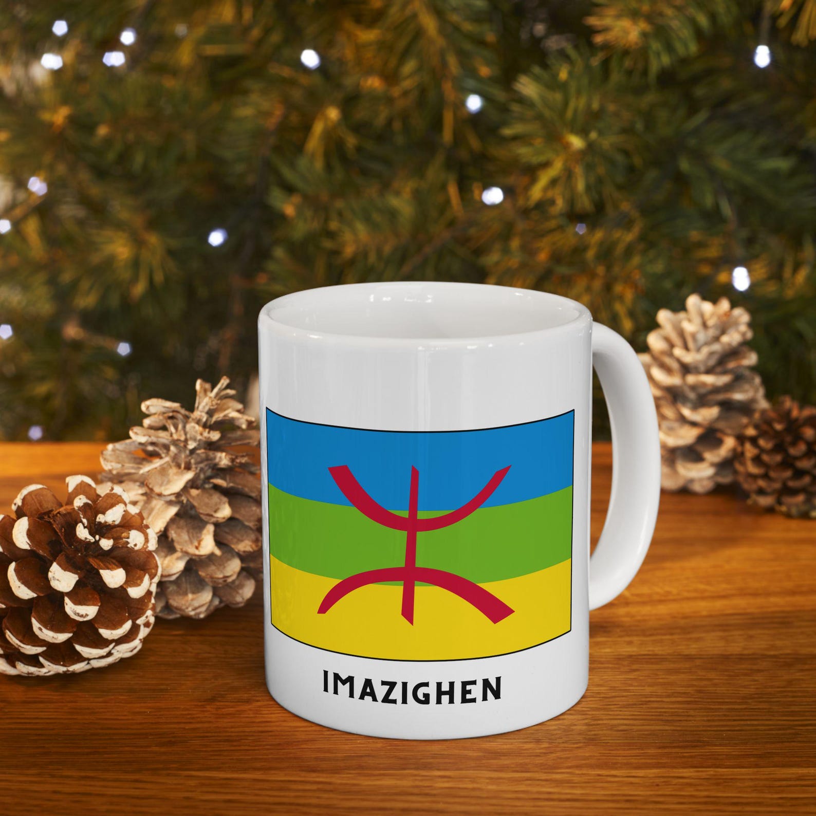 Berber Flag Tamazight White Ceramic Mug with Yaz Symbol