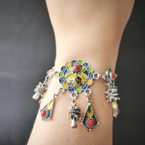 Handmade Amazigh Berber Kabyle Coral Enamel Charm Adjustable Stainless Steel Bracelet
