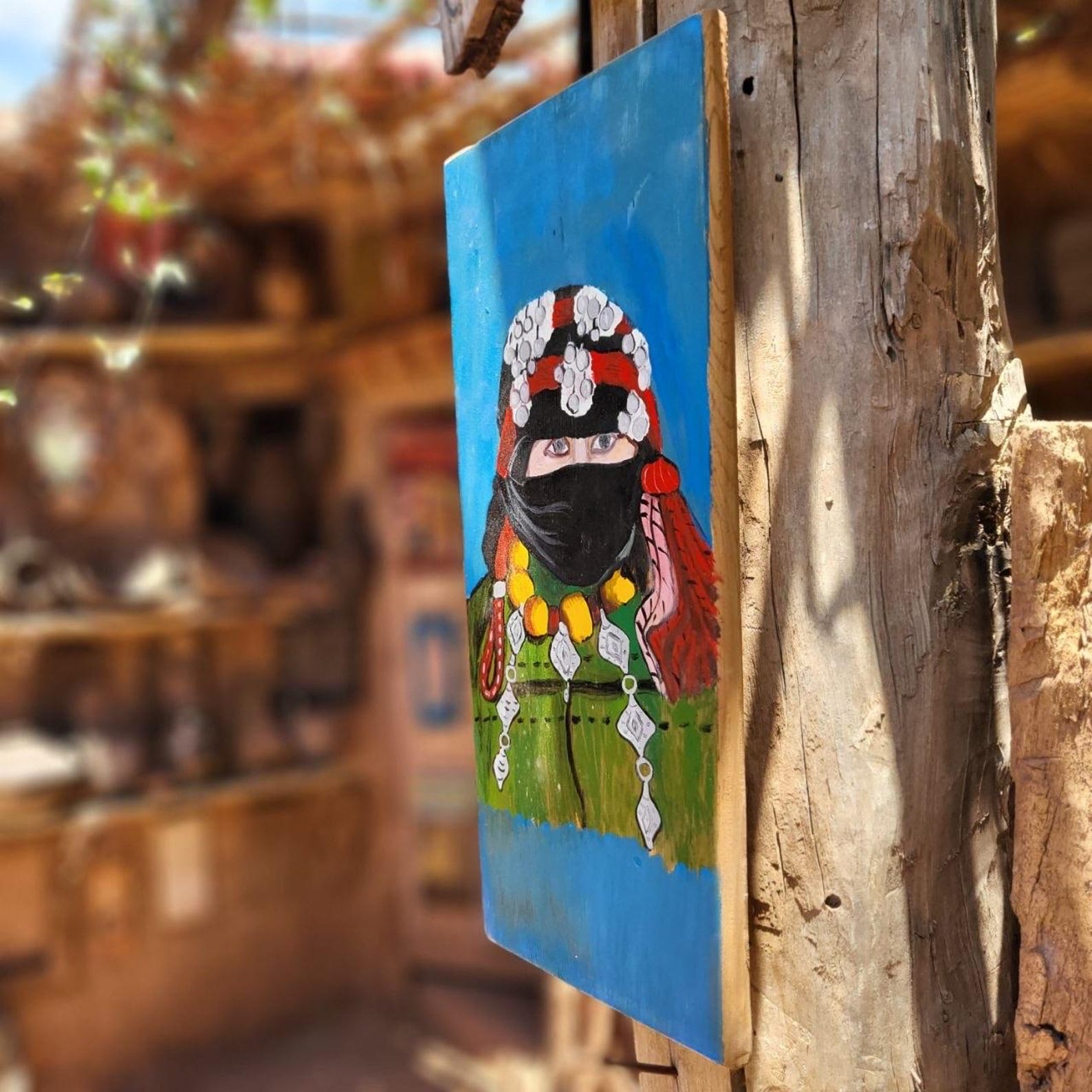 Berber Hand-Painted Woman Portrait Folk Art Wood Cultural