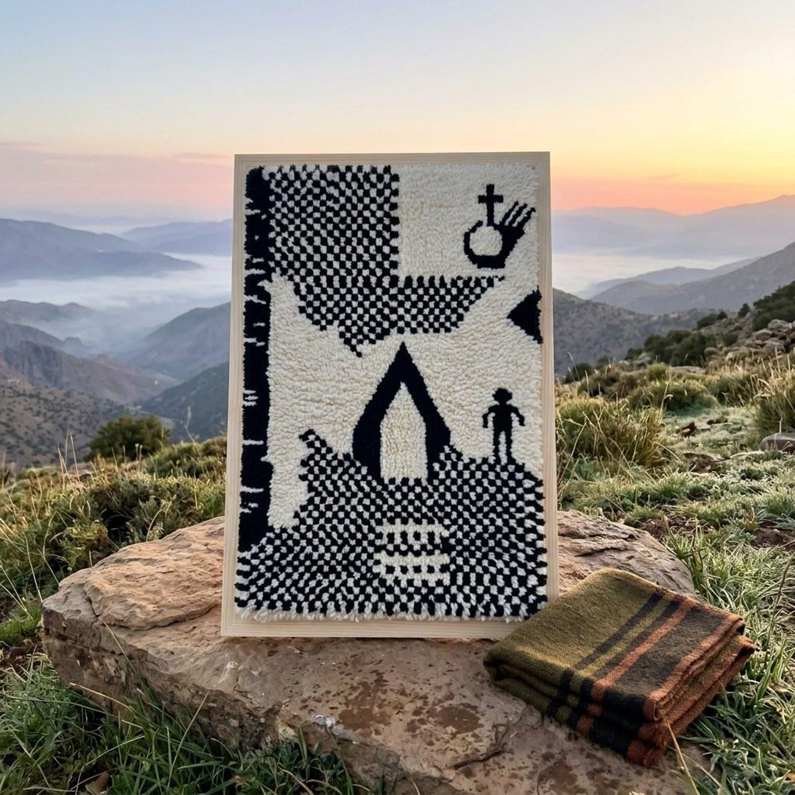 Handwoven Amazigh Berber Wool Rug Wall Tapestry with Tuareg Yaz