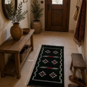 Berber Handmade Black Runner Geometric Rug With Red White Accents
