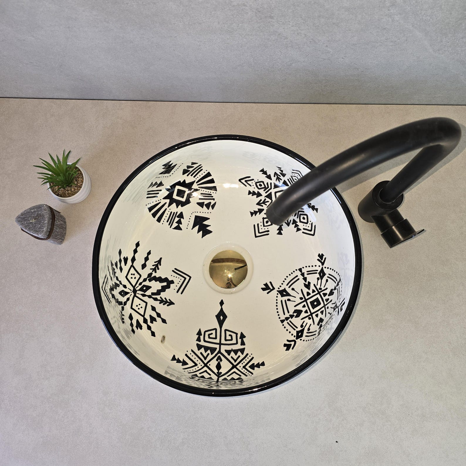 Berber Ceramic Sink with Symbols Artisan Ceramic Piece