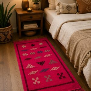 Amazigh Pink Cashmere Handmade Geometric Accent White Rug