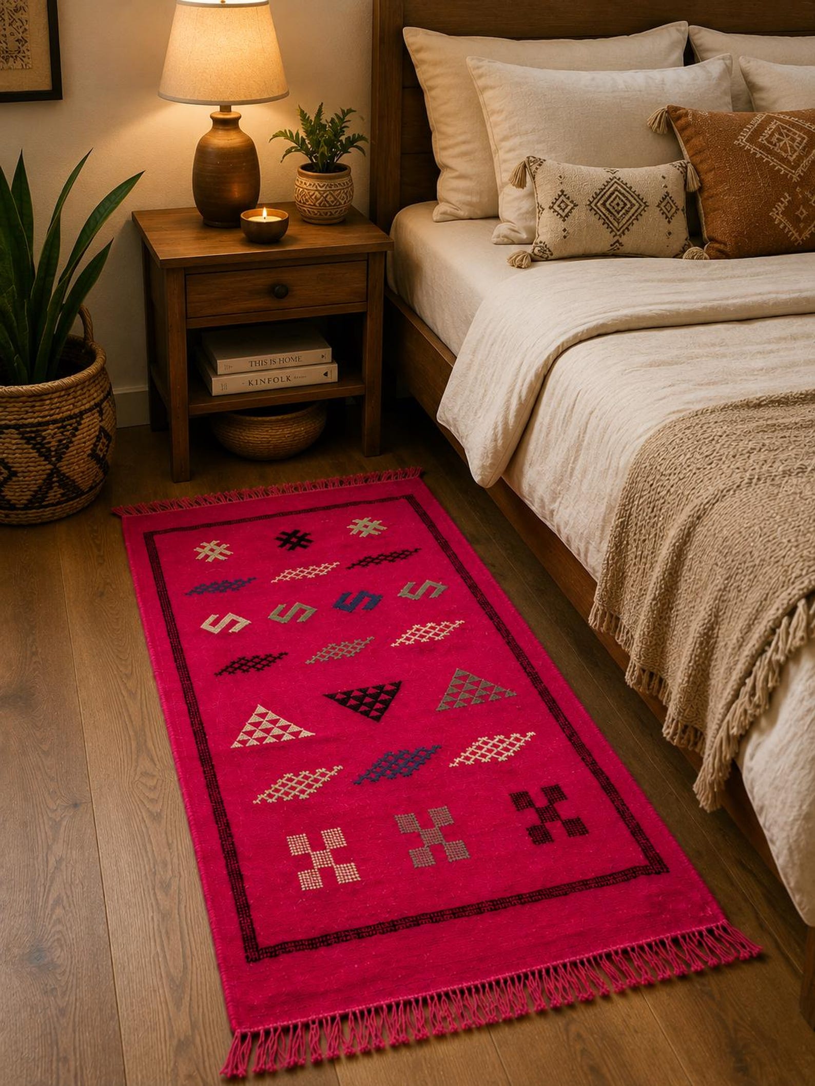 Amazigh Pink Cashmere Handmade Geometric Accent White Rug